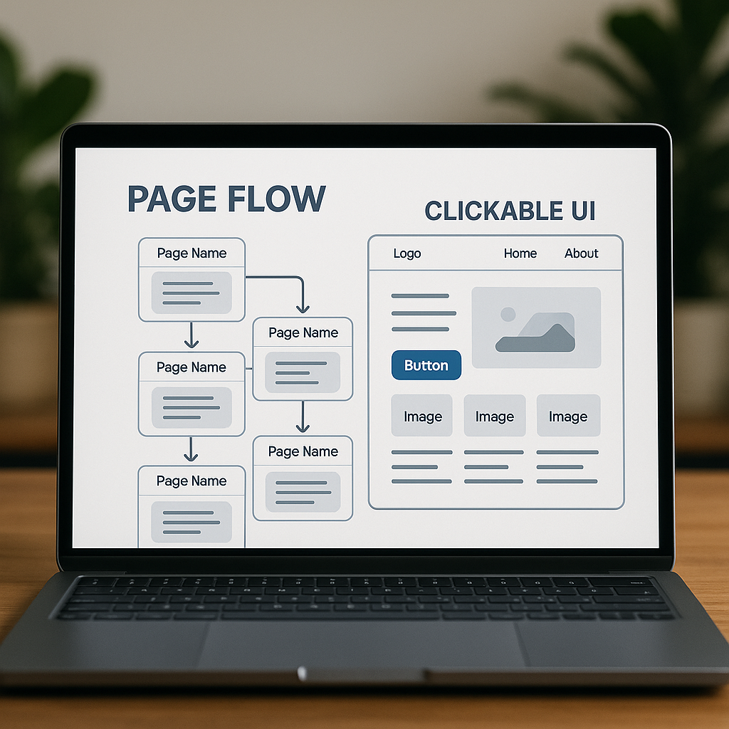 Web app prototype showing page flow and clickable UI on laptop screen